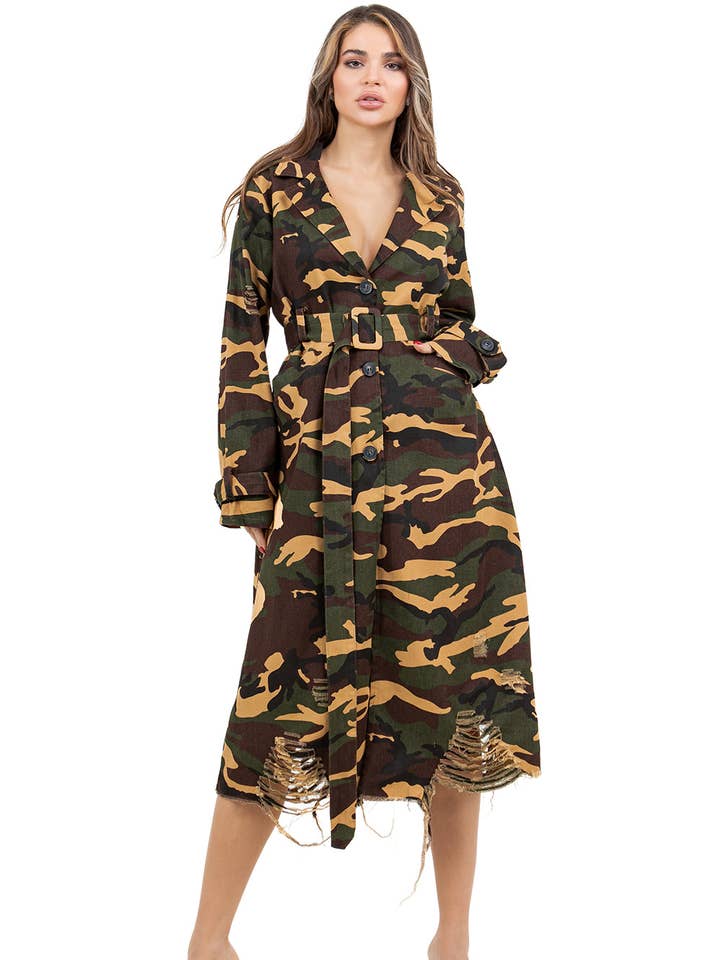 WOMEN FASHION CAMOFLAGE LONG TRENCH COAT for wholesale by By Claude