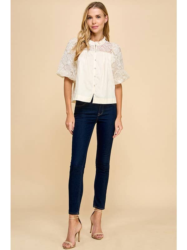 TCEC - Wholesale Blouse - Women's - CT9170-Bubble Sleeves Lace Button Up Top