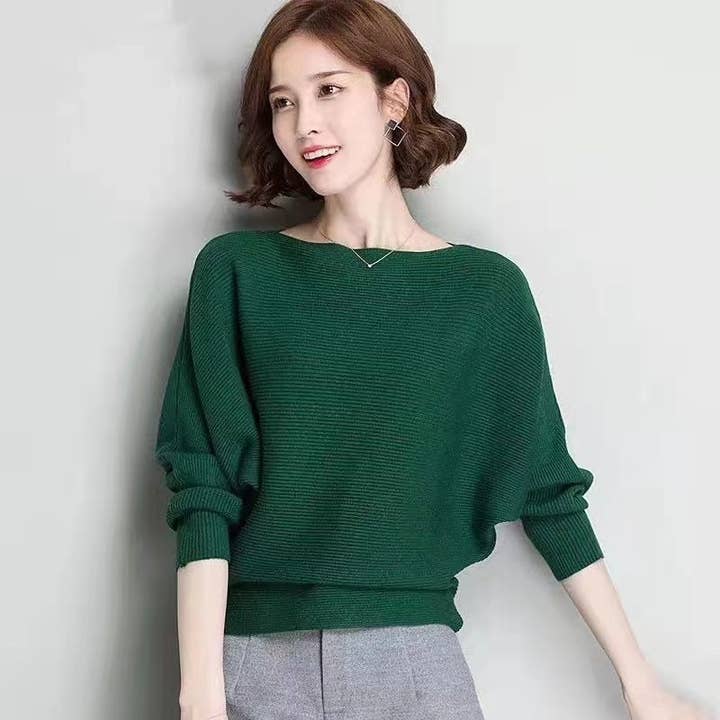 Solid Color One-Word Collar Bat Sleeve Knit Sweater for wholesale by ShieldChic