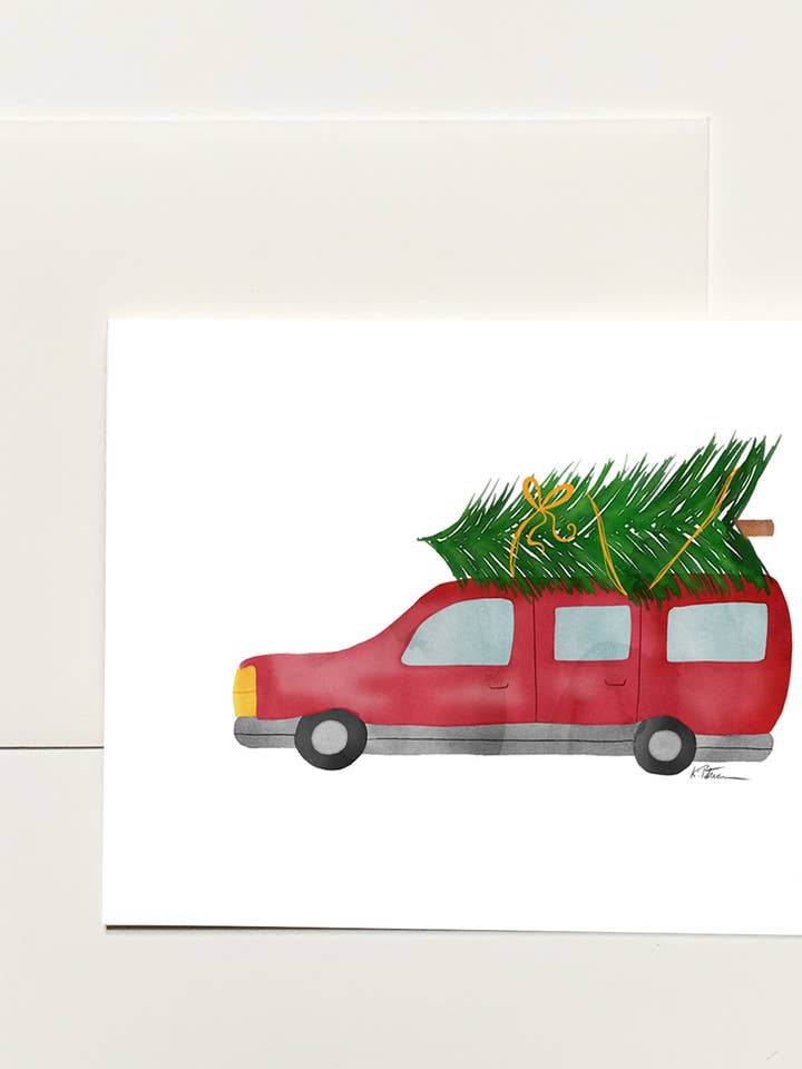 Rød bil med xmas Tree Notecards for engroshandel hos k.Patricia Designs