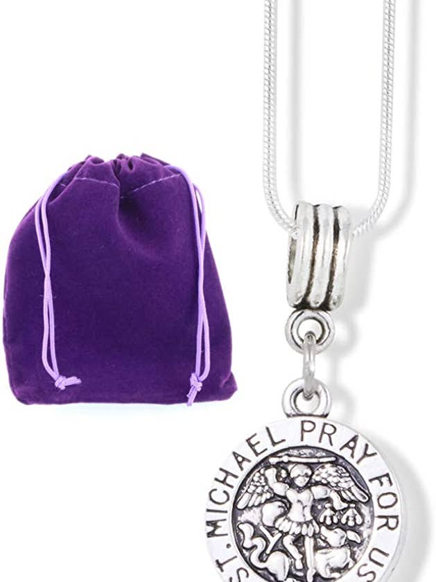 Saint Michael Pray for Us Round Charm Snake Chain Necklace for wholesale by Dave The Bunny