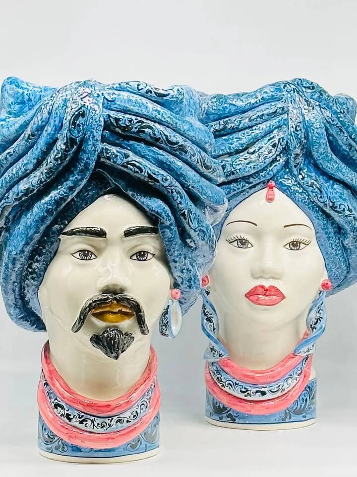 Teste di Moro Zeus Ceramica Caltagirone cm H.45 L.28 Handcrafted Lilac Blue for wholesale by DD Ceramiche Siciliane