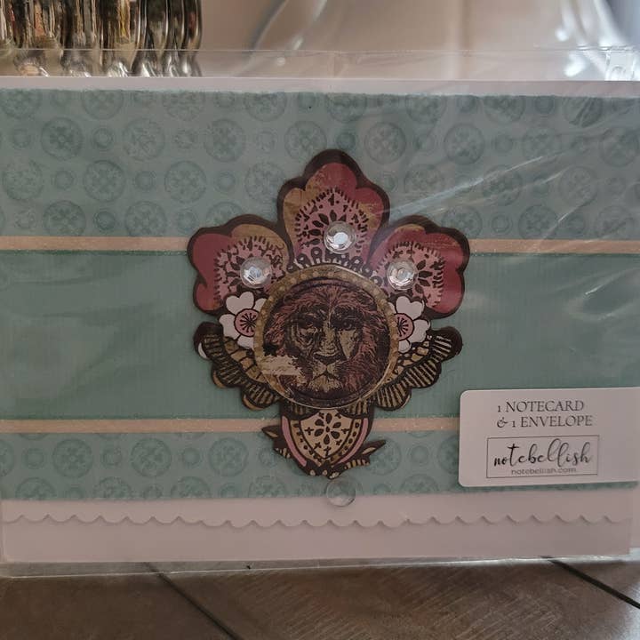 Teal Lion Embellished Notecard with Deckle Edge for wholesale by Notebellish