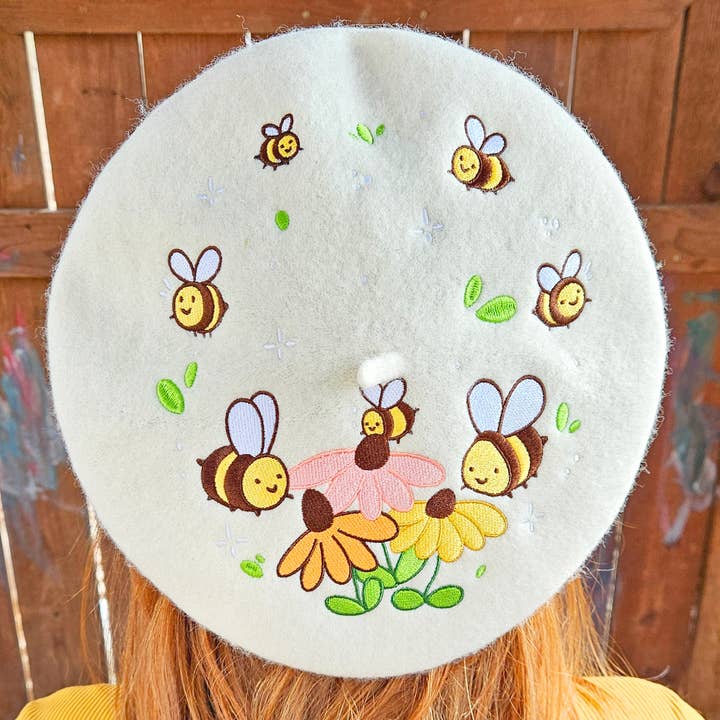 Flowers and Bee Pollinator Garden Embroidered Beret for wholesale by Sugar Lich