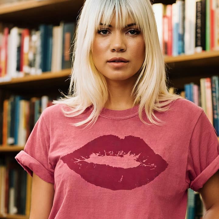 Hot lips garment-dyed heavyweight t-shirt for wholesale by Rackette Club