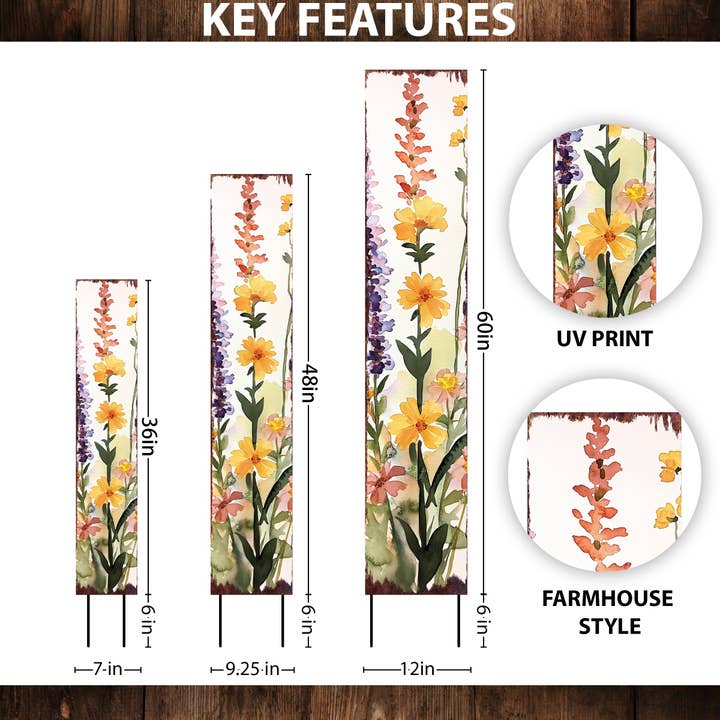 TX USA Corporation - Wholesale Garden/Lawn Stake - Summer Wildflowers Wooden Garden Stake Sign – Outdoor Floral Yard Décor | UV Print | Farmhouse Style | Multiple Sizes Available
