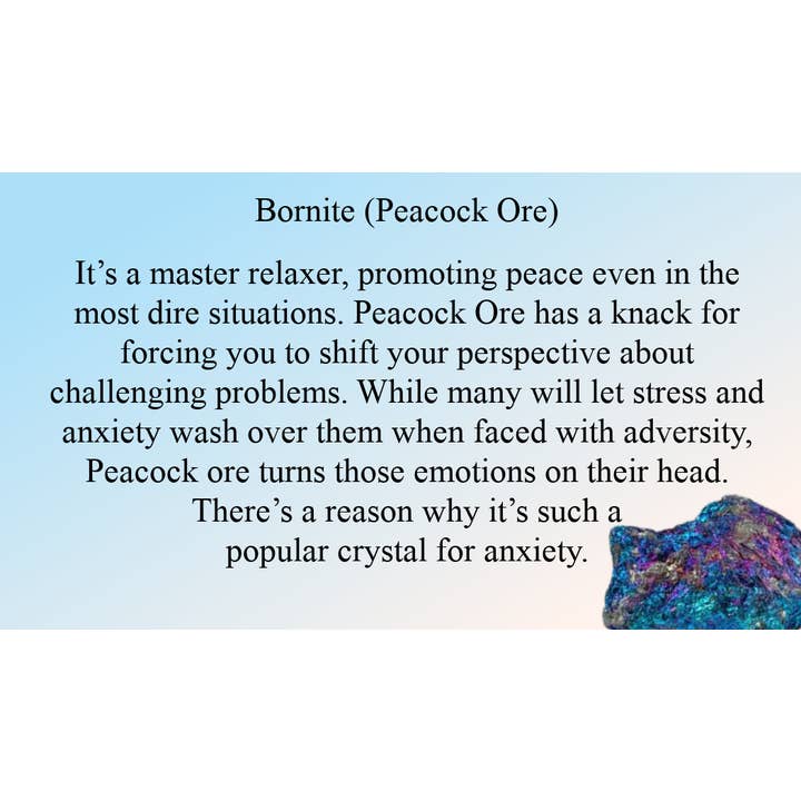 The Witch Depot - Wholesale Meditation Supplies - Peacock Ore (Chalcopyrite) Information Card