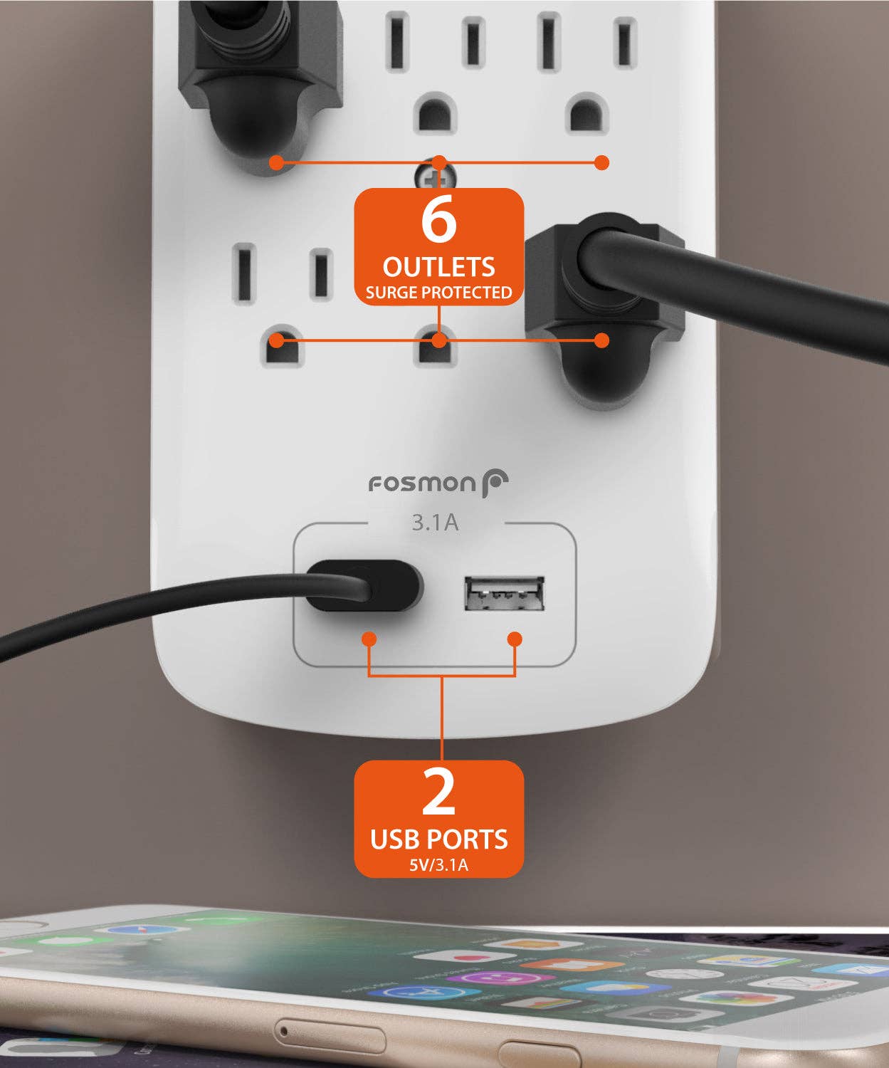 Fosmon - Wholesale Power Adapter - 6 Outlet 1200 Joules Surge Protector with 2 USB Ports3