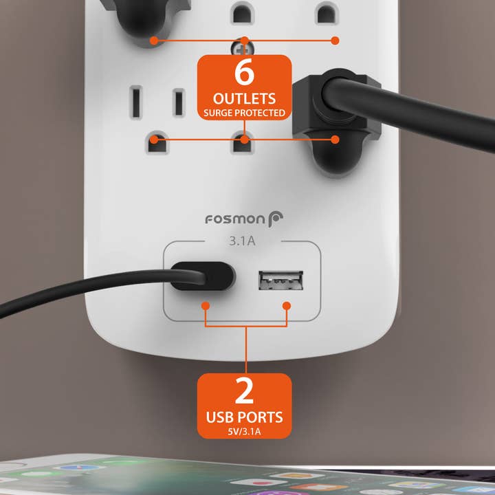 Fosmon - Wholesale Power Adapter - 6 Outlet 1200 Joules Surge Protector with 2 USB Ports3
