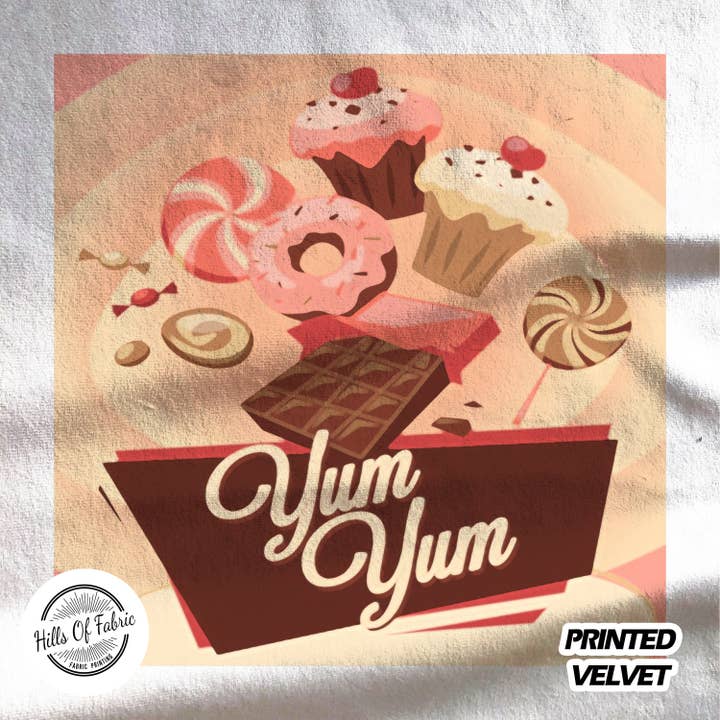 Yum Yum Chocolate and Cake Printed Fabric Panel for wholesale by Hills Of Fabric