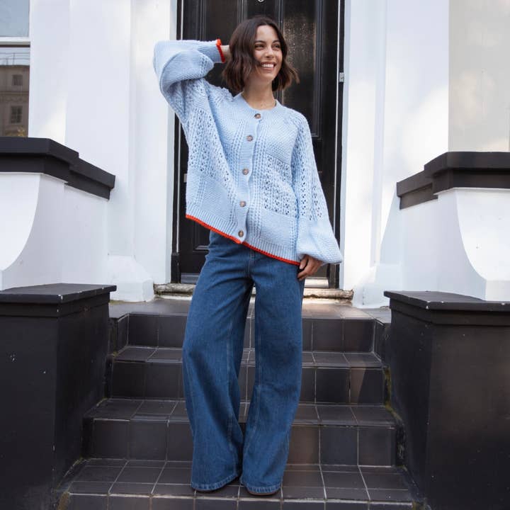 Cara & The Sky - Wholesale Cardigan - Women's - Brigit Pointelle Stitch Balloon Sleeve Cardigan - Blue14