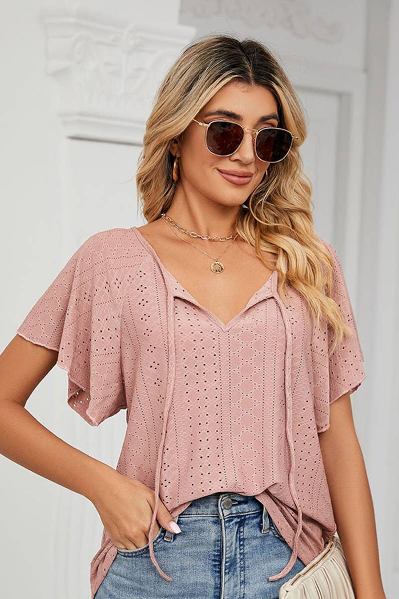 Lily Clothing - Wholesale Blouse - Women's - CWTTS0472_V NECK PUNCHING LACE UP RUFFLE LOOSE TOP13