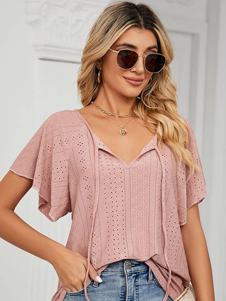 Lily Clothing - Wholesale Blouse - Women's - CWTTS0472_V NECK PUNCHING LACE UP RUFFLE LOOSE TOP13