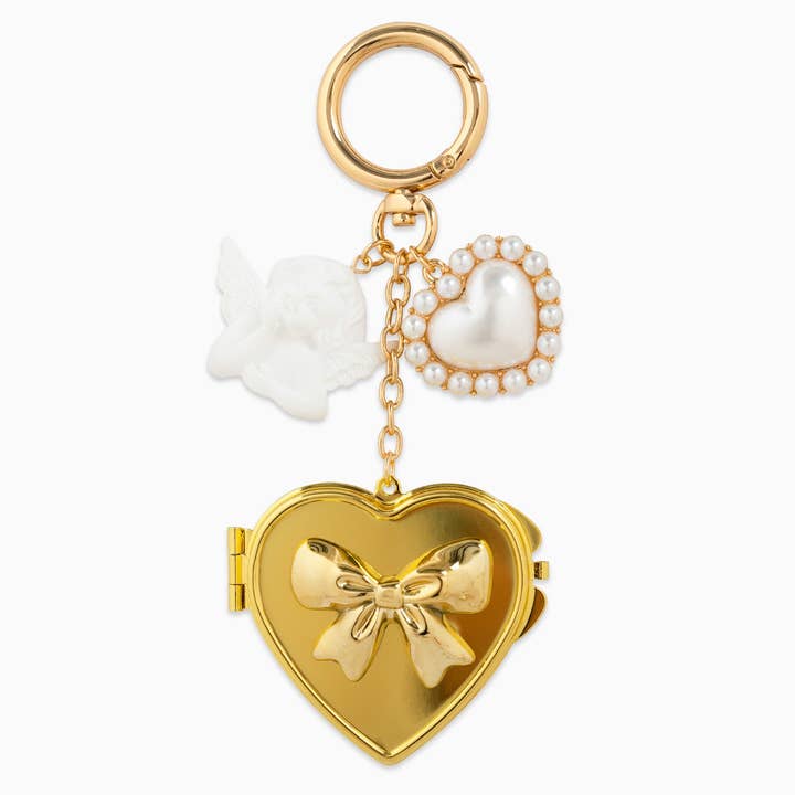 Sessori - Wholesale Sleutelhanger - Dames - Engelenkus Spiegelmedaillon met Parel Hart Tasbedel