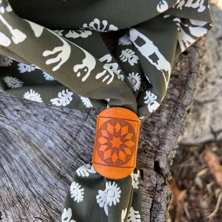 Leather Bandana Slide - Antiqued Saddle Tan Quilt Square Round for wholesale by Lindsay Streem Designs
