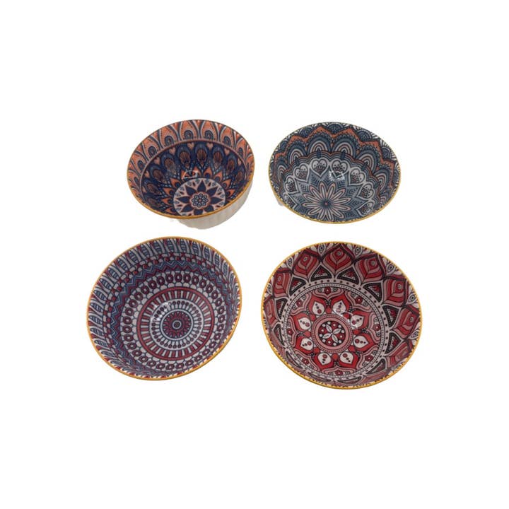 Multicolored Japanese Small Ceramic Bowl Set with Moroccan Design Chopsticks, Set of 4, Gift Set for wholesale by Atar Gifts