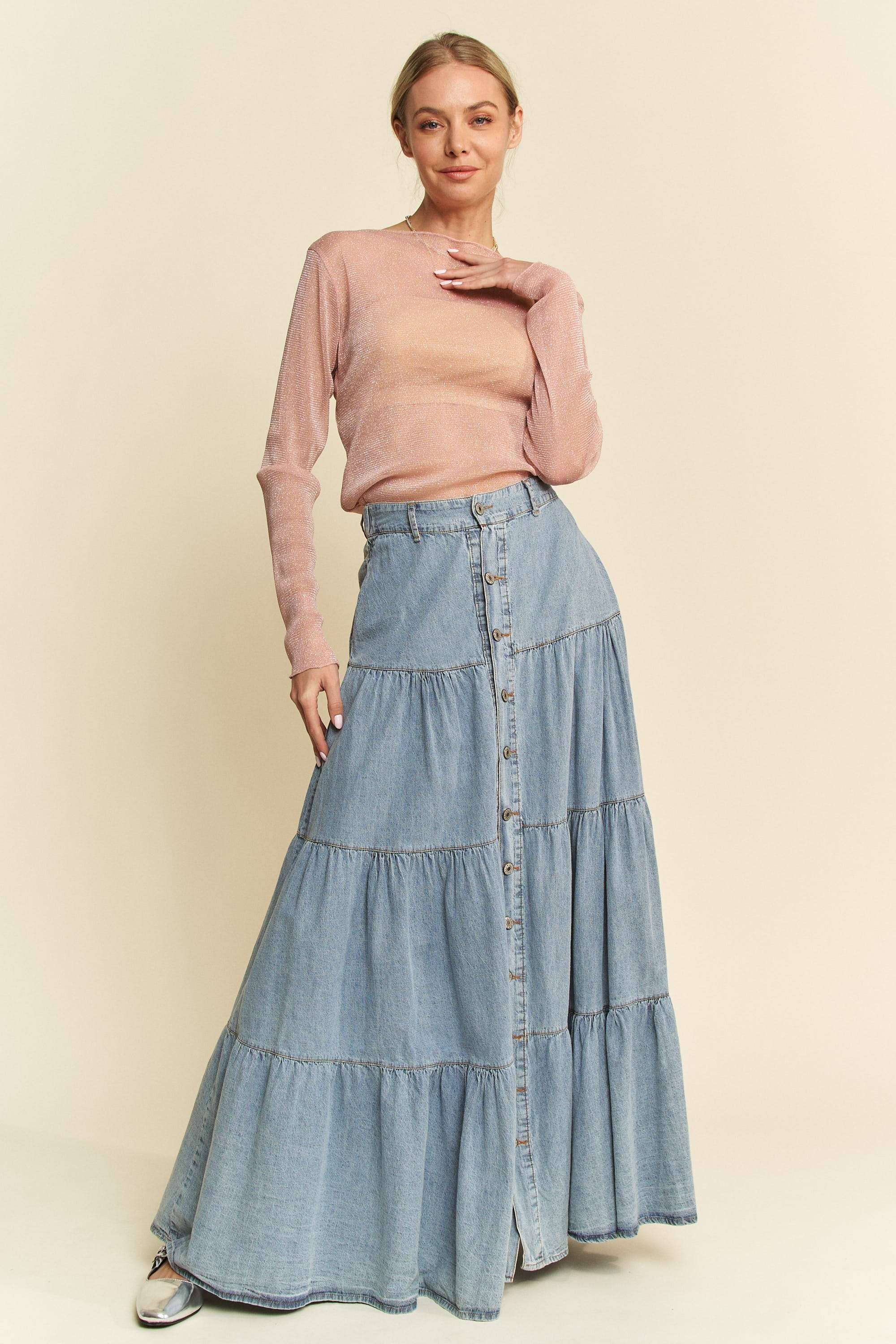 DENIM BUTTON FRONT RUFFLE HEM DENIM MAXI SKIRT for wholesale on Faire7