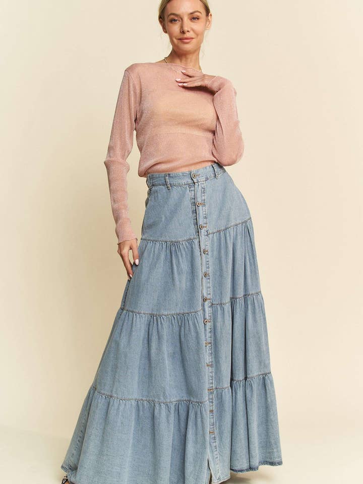 DENIM BUTTON FRONT RUFFLE HEM DENIM MAXI SKIRT for wholesale on Faire7