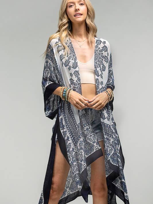 WHITE NAVY Paisley and Damask Print Kimono for wholesale on Faire