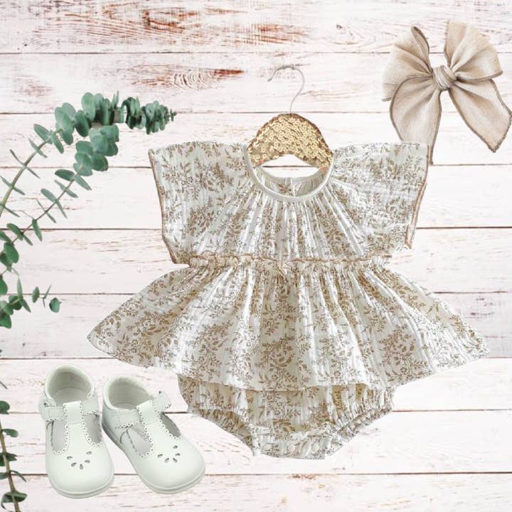 Baby Girl Short Sleeve Ivory Linen Floral Romper for wholesale by Rufflеѕ & Bоwtіеѕ - Affordable Boys & Girls Clothing