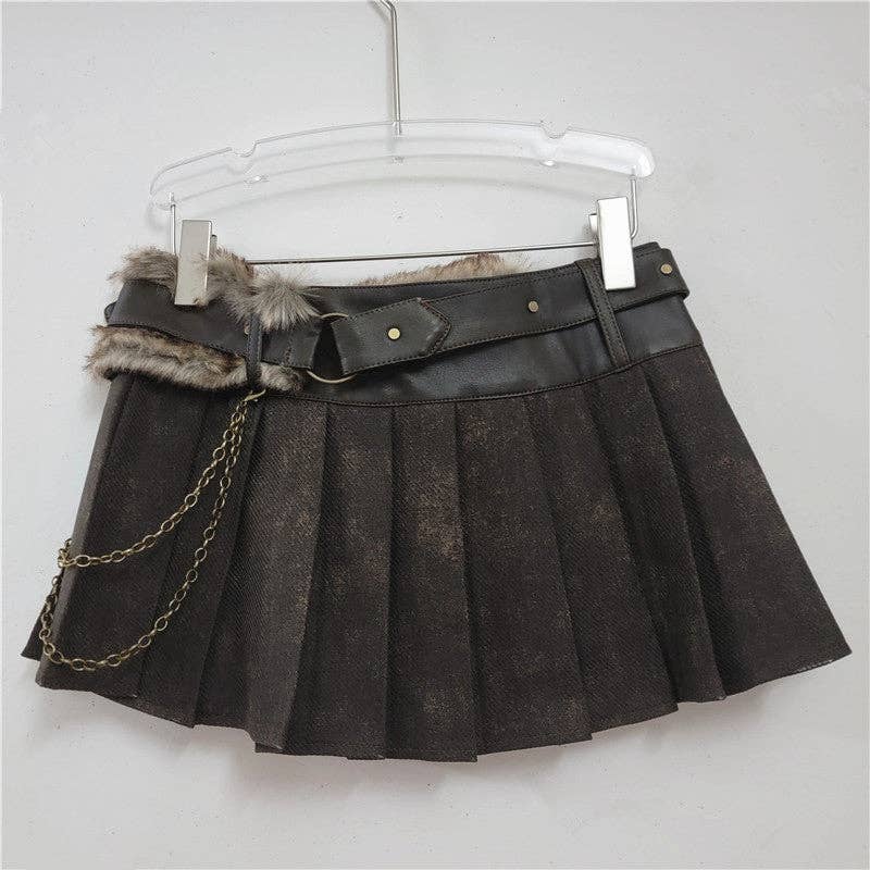 Mocha M207 Fur-Belted Pleated Low Waist Skirt Autumn/Winter for wholesale on Faire1