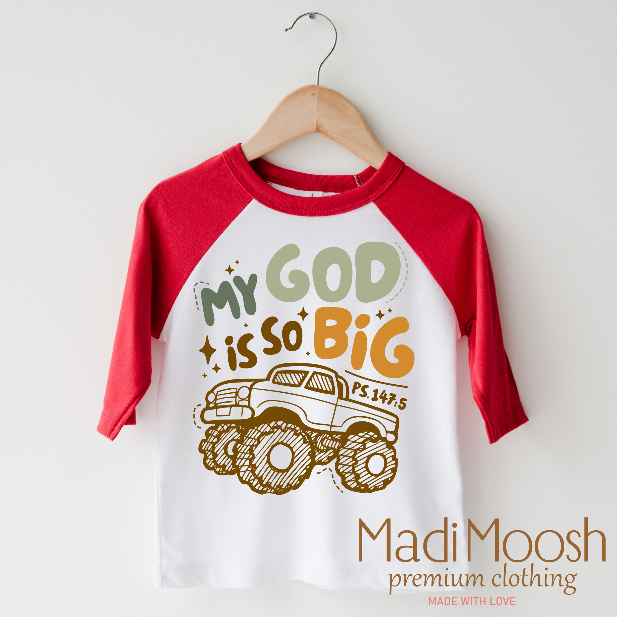 Madi Moosh – Engroshandel T-shirt med serigrafitryk – til børn – Min Gud er så stor Monster Truck Skjorte - Christian Tee2