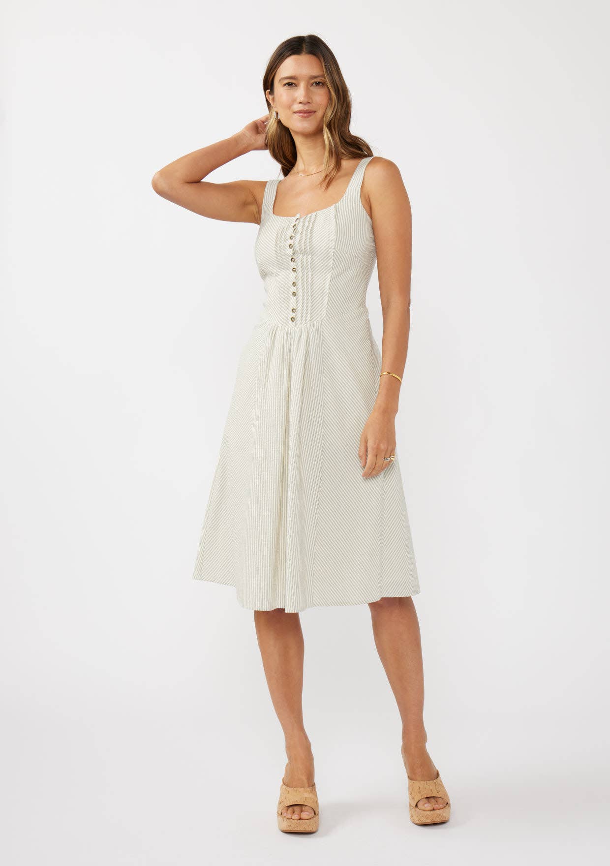 Ivory Grey Round Neck Button-Down Corset Midi Dress for wholesale on Faire4
