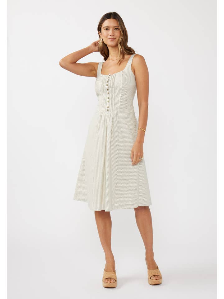 Ivory Grey Round Neck Button-Down Corset Midi Dress for wholesale on Faire4