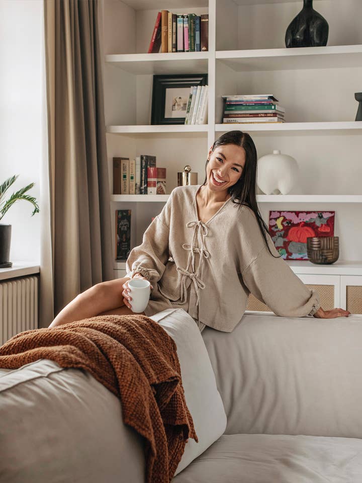 MagicLinen (We handle U.S. import procedures for you) - Wholesale Sweatshirt - Women's - Tie-Front waffle top ELORA in Natural7