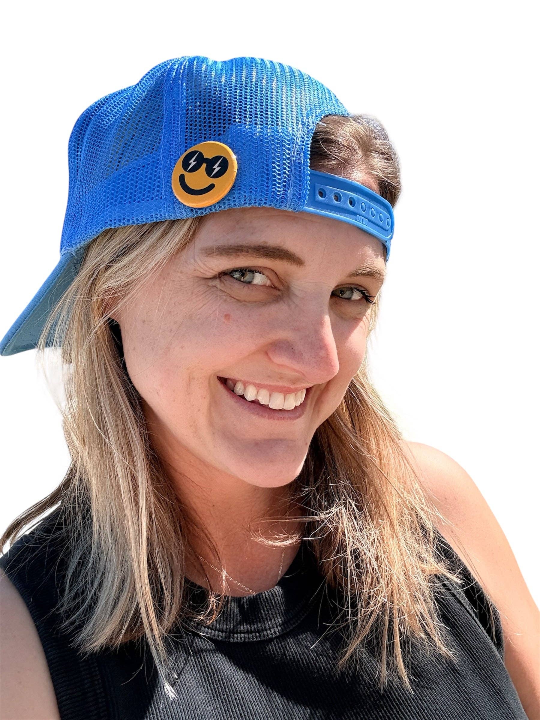 Primrose Yellow Pin Back Button - Lightning Bolt Smiley for wholesale on Faire4