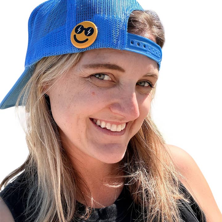 Primrose Yellow Pin Back Button - Lightning Bolt Smiley for wholesale on Faire4