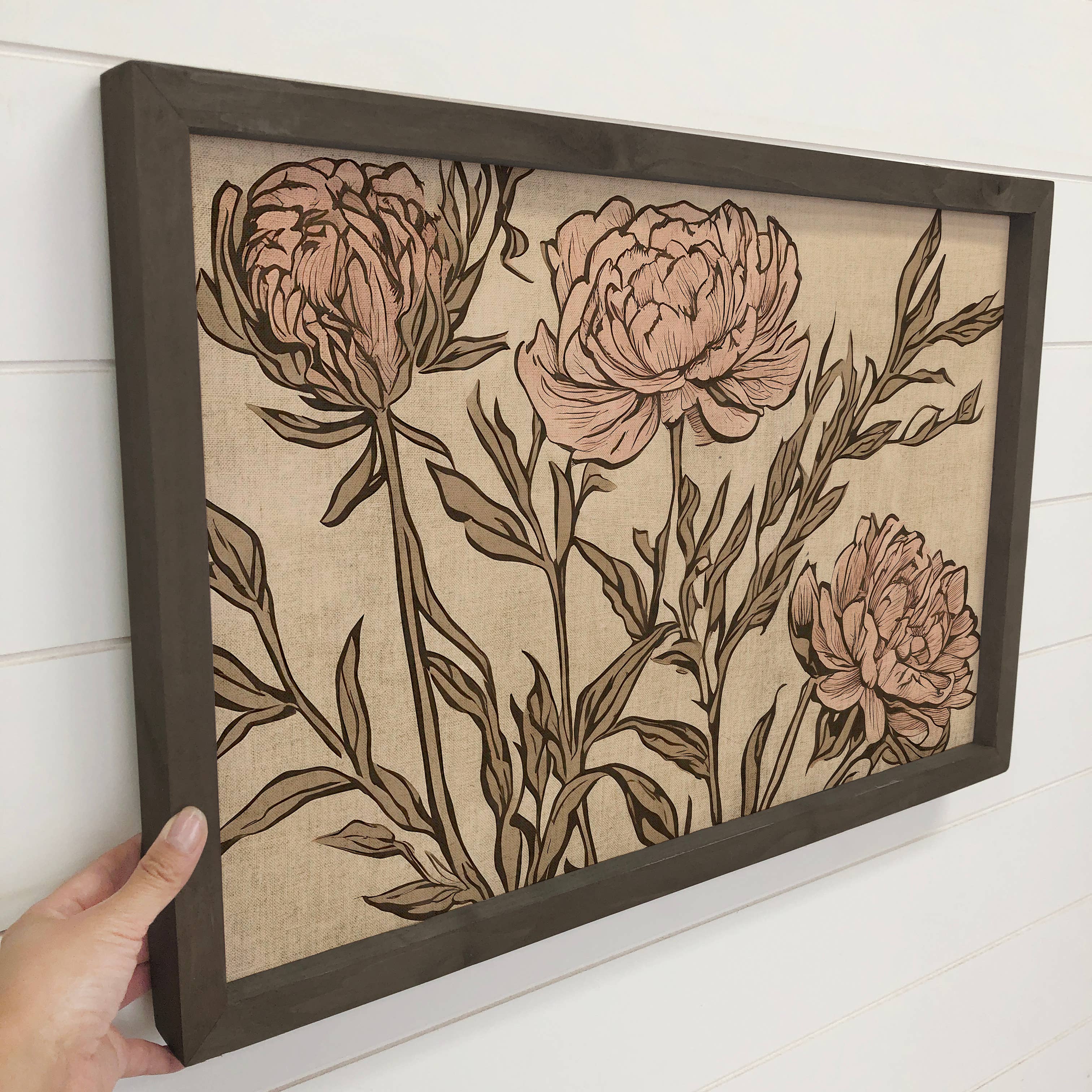 Hangout Home - Wholesale Art Print - Peony Linocut - Floral Canvas Art - Wood Framed Farmhouse1