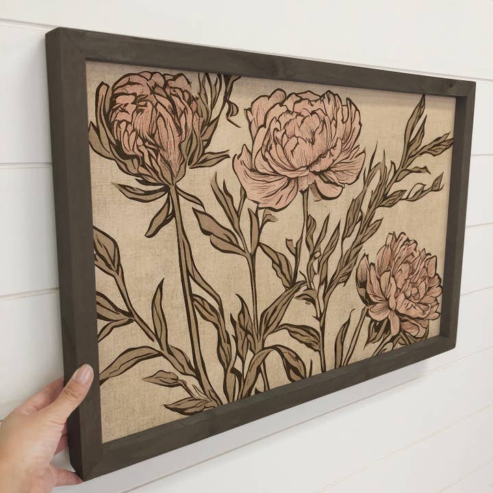 Hangout Home - Wholesale Art Print - Peony Linocut - Floral Canvas Art - Wood Framed Farmhouse1