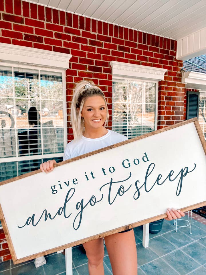 Give it to God and Go to Sleep Over-the-Bed Wooden Sign for wholesale by The Blonde Barn