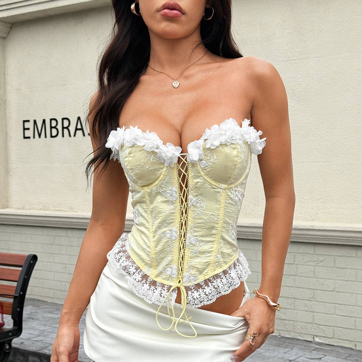 Marayn - Wholesale Corset - Women's - Lace Corset Top with Floral Embroidery  Ties4