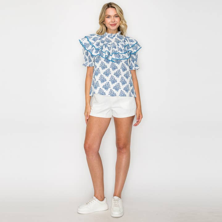 Double Ruffle Cotton Blouse with Ajrak print - Blue -LWT1982 for wholesale by LoveWednesday