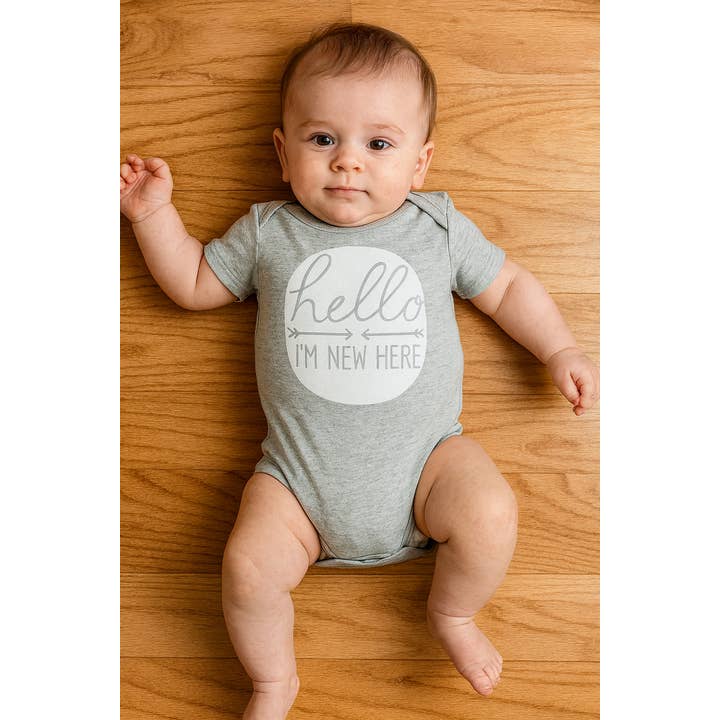 Grey hello I'M NEW HERE Cotton Baby Romper for wholesale by Fennco Styles