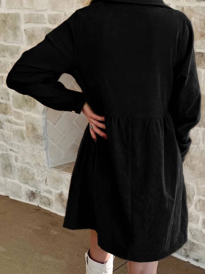 FULL TIME PURCHASE - Wholesale Dress - Women's - Corduroy Half Button Collared Long Sleeve Mini Dress5