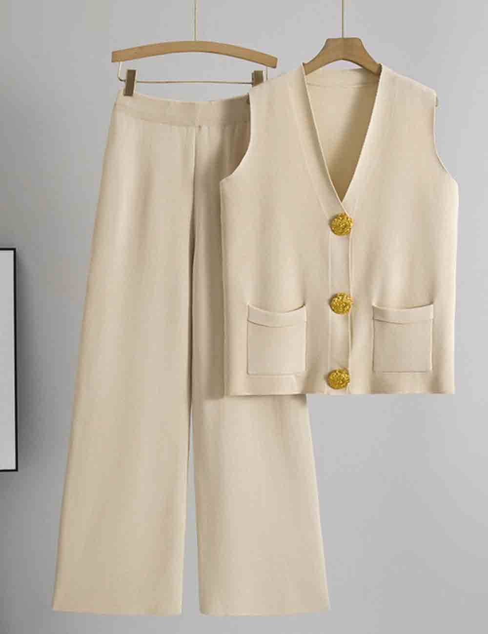 Sweetkama - Vendita all'ingrosso Completo top e pantaloni (NON loungewear) - Donna - Completo 2 pezzi: Gilet e Pantaloni a Maglia con Bottoni e Scollo a V a Tinta Unita da Donna22