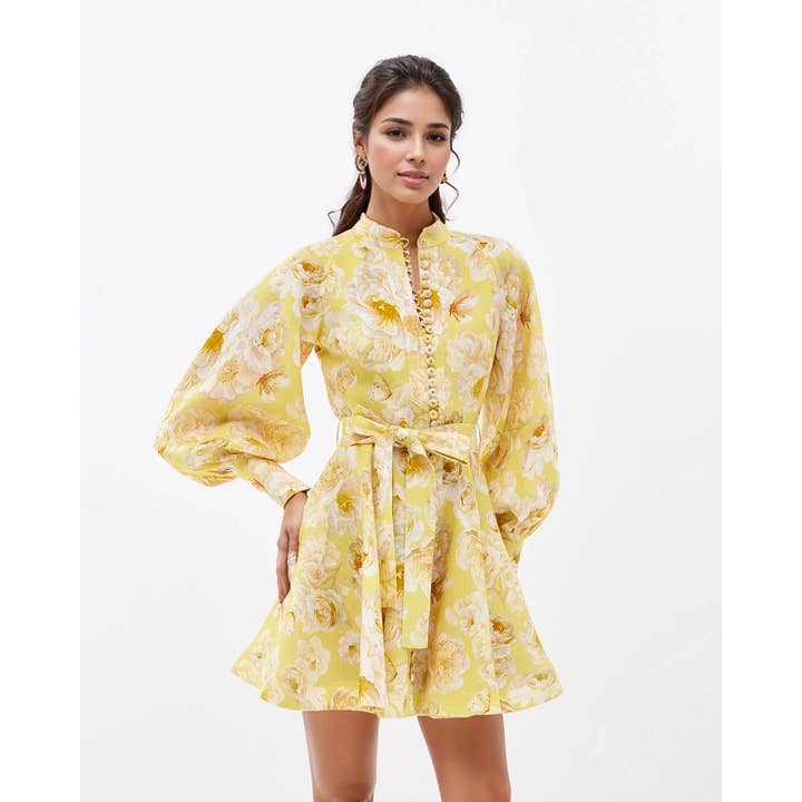 DR649Y Graceful Floral Print Lantern Sleeve Belted Dress for wholesale by Productseeker