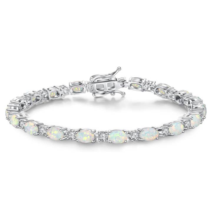 „Glamour Radiance“ oktober Birthstone Fancy Cut Tennis Hvid Opal Sterling Sølv Armbånd for engroshandel hos Fanci Me Jewelry