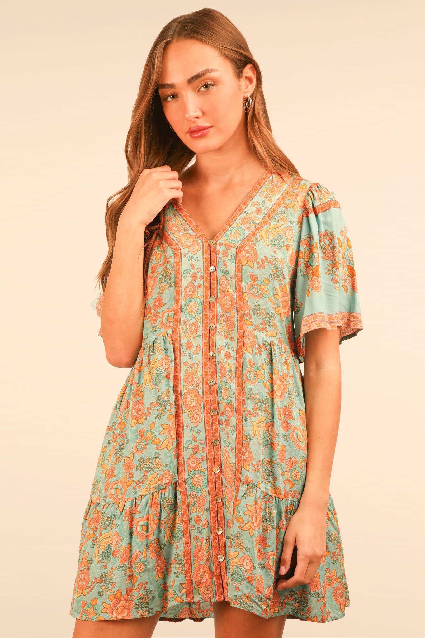 VERY J - Wholesale Dress - Women's - ND31637-Shirring Detail Printed Woven Mini Dress0