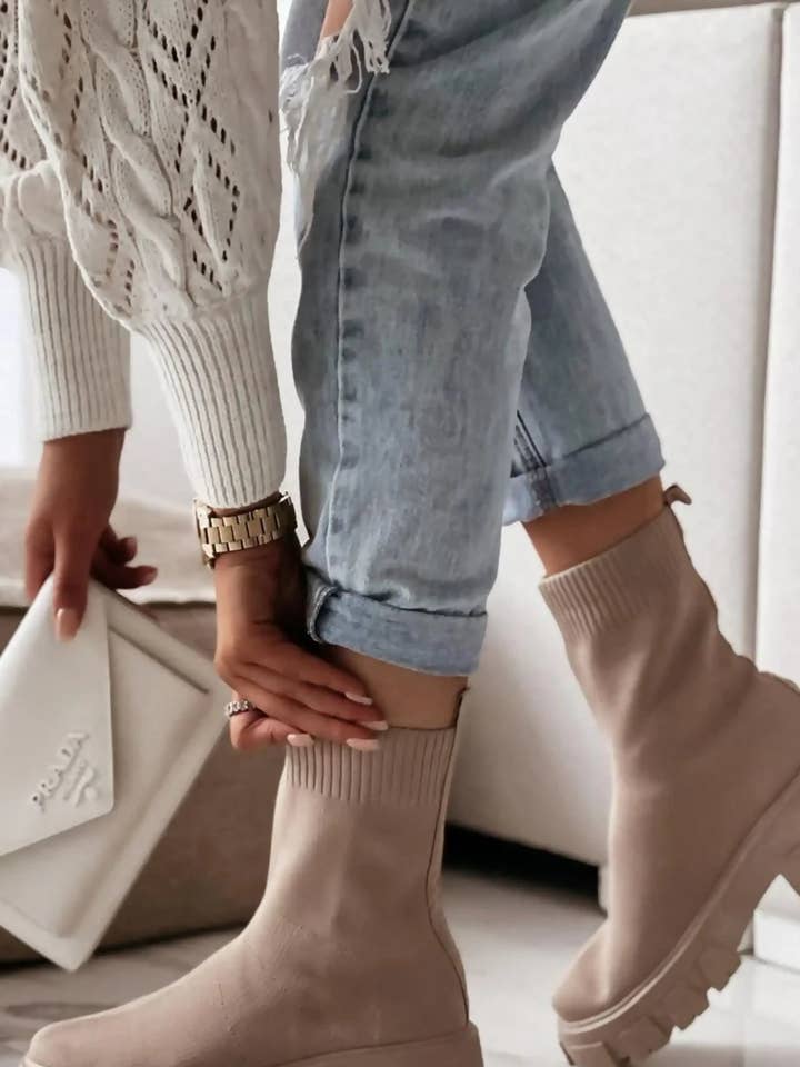 Stone Cleated Pull On Knit Chunky Sole Sock Ankle Boots - Melissa for wholesale by Femme Luxe