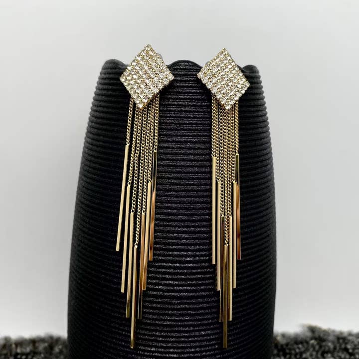 Glossy Metal Chain Fringe Rhinestone Rhombus Post Earrings for wholesale by Mio Queena