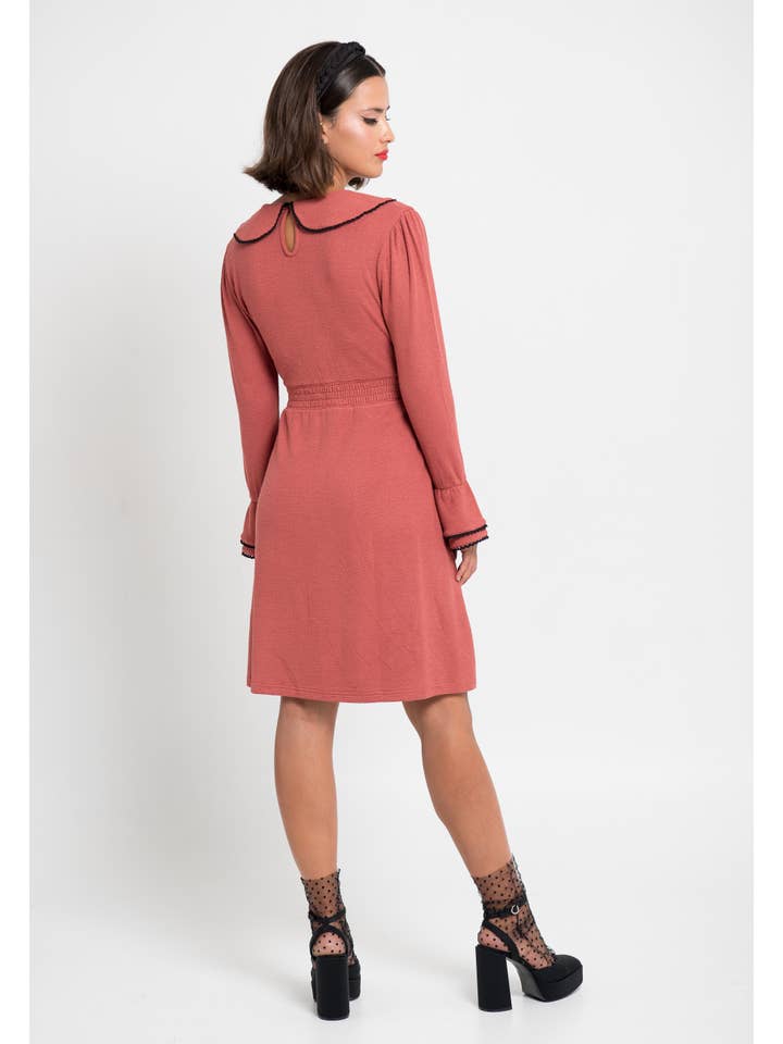 Black Flamingo - Wholesale Dress - Women's - Emily Dress.Bordeaux knit dress w/baby collar & wave trim