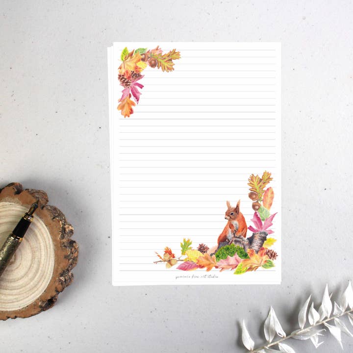 A5 Luxury Writing Paper Sheets - Autumn Squirrel, 10 Sheets for wholesale by Gemini's Fine Art Studio