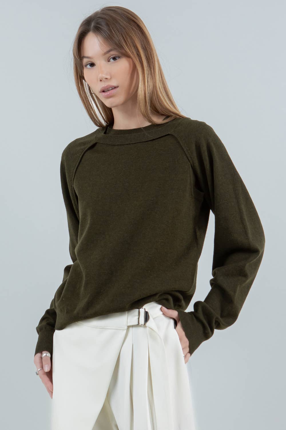 DOUBLE LAYER BOLERO KNITTED SWEATER - OLIVE for wholesale on Faire