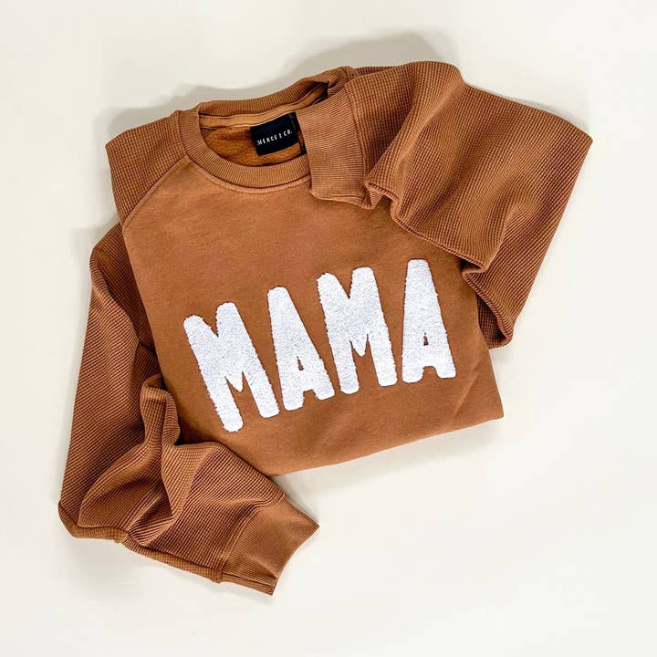 Mama Chenille para adulto, manga gofrada, cuello redondo, color otoño desteñido para venta al por mayor de Merce and Company