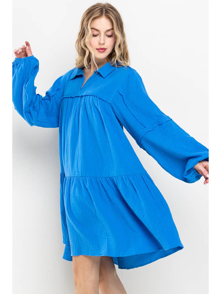 Ces Femme USA - Wholesale Dress - Women's - Long sleeve Collared Baby Doll Tiered Gauze Dress / DI5642