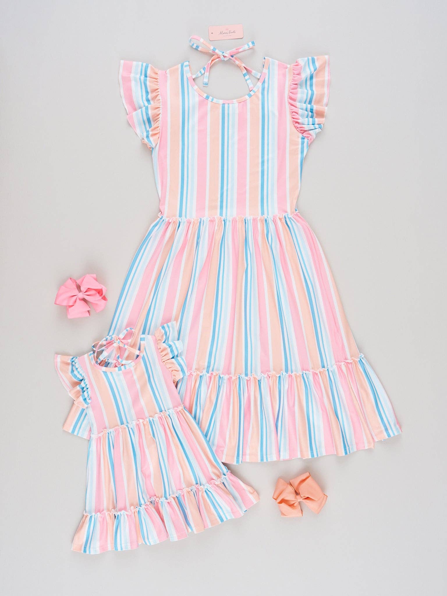 Marie Nicole Clothing - Wholesale Mommy & Me Sets - Mom & Me Day Bloom Tiered Stripe Ruffle Dress2